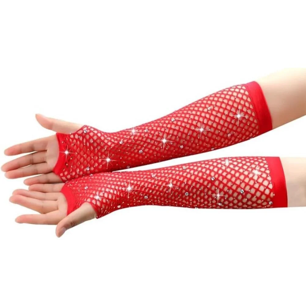 Women's Rhinestones Red Fingerless Fishnet Mesh Long Gloves Party Cosplay